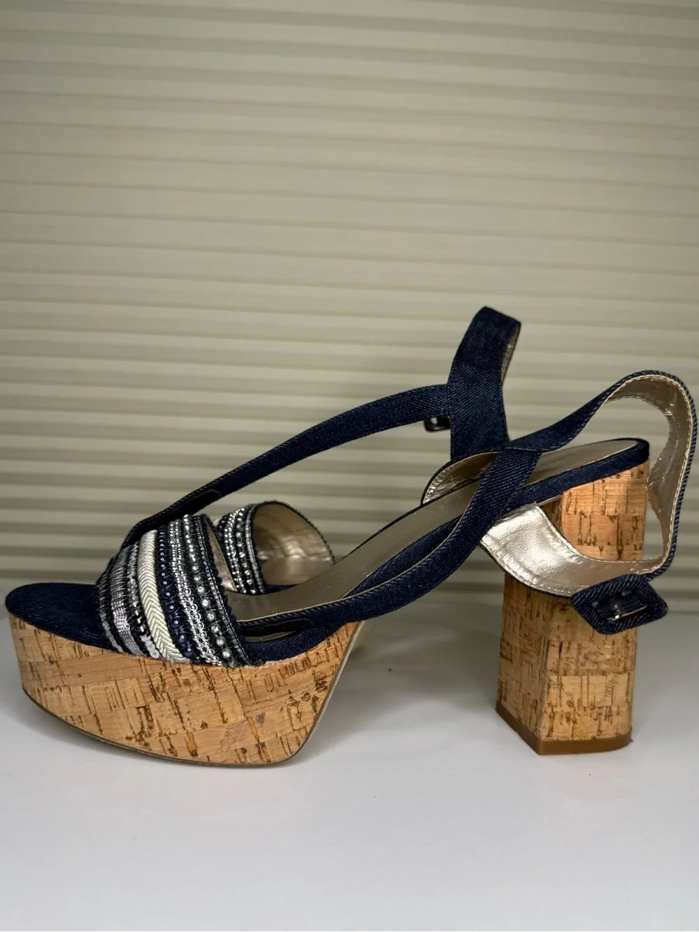 Nine West Navy and Cork Platform Sandals with Beaded Straps